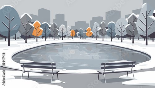 Stunning winter wonderland scene of a frozen pond surrounded by snow-covered trees in a peaceful park setting with distant city skyline view
