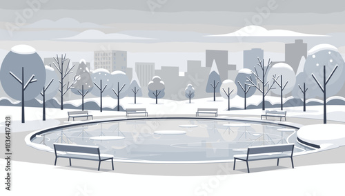 Enjoy the stillness of winter in a snow-covered urban park with a frozen pond and city skyline, perfect for holiday designs and seasonal campaigns