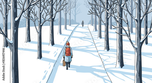 Woman walking on snow path through winter forest, serene landscape, peaceful journey, adventure travel, seasonal background, holiday destination, winter wonderland