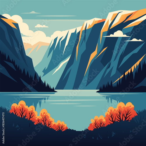 Tranquil vector landscape of a mountain fjord with calm blue water and vibrant autumn foliage in a scenic valley