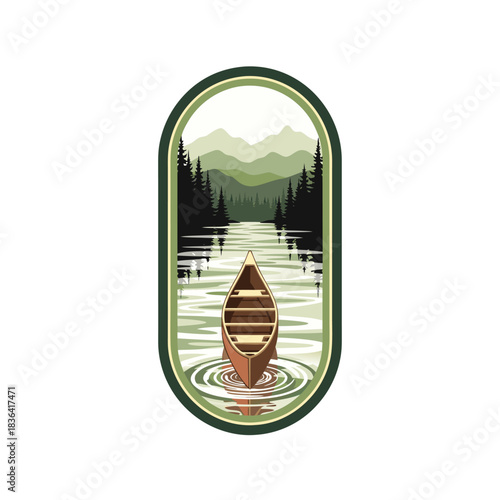 Scenic canoe adventure on a serene lake surrounded by lush green forests and majestic mountains