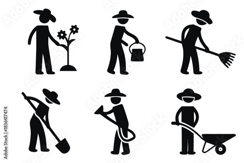 Gardener icons show various agricultural and landscaping activities in simple black silhouette designs