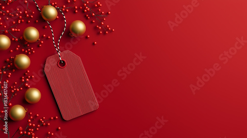 3D Christmas discount tag with golden ornaments on red background