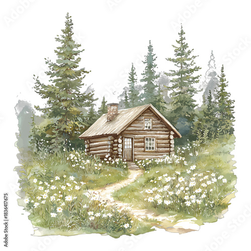 Watercolor Rustic Log Cabin in Forest with Wildflowers Vector Clipart
