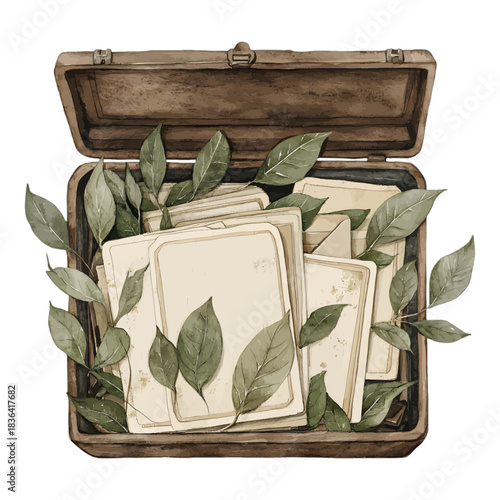 Watercolor Vintage Wooden Keepsake Box with Blank Cards and Leaves Clipart Vector
