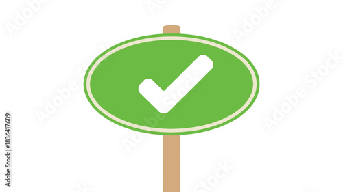 Green oval sign with white checkmark symbol