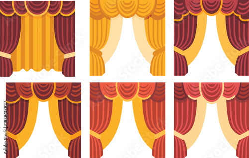 Luxury Stage Curtains and Drapery Collection, Elegant Theatre or Opera Velvet Drapes, Classic Interior Design Element, Home Decoration Flat Vector Set