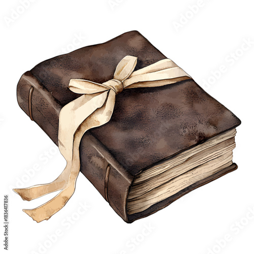 Watercolor Vintage Leather Book Tied with Ribbon Clipart Vector
