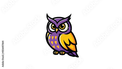 Cute Cartoon Owl Illustration with Purple and Yellow Colors.