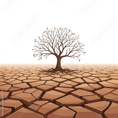 A solitary, leafless tree stands resiliently in a vast, cracked, dry earth landscape under a white sky.