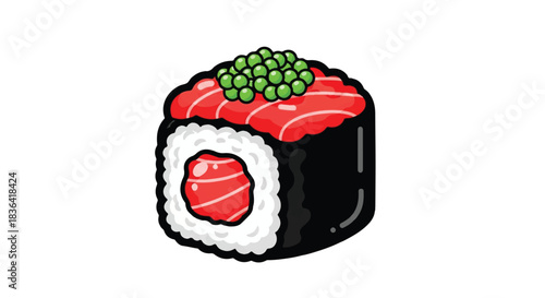 Delicious Salmon Sushi Roll with Green Caviar Topping.