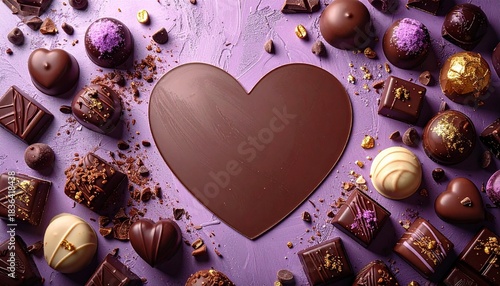 真俯瞰構図の高級チョコレート静物シーン。
マットなパステルラベンダー／キャンディパープルの背景中央に広いネガティブスペースを確保。
トリュフ、プラリネ、キャラメル、クリームチョコをパール状クリームや紫ココアパウダーで装飾。
柔らかな自然光が上質な質感と陰影を引き立て、優しいレトロポップな甘い世界観を演出