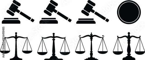 Mega Gavel and Scales of Justice Silhouette Vector Set, Featuring Dynamic Legal Icons Capturing Law, Order, Court, and the Authority of the Judicial System.