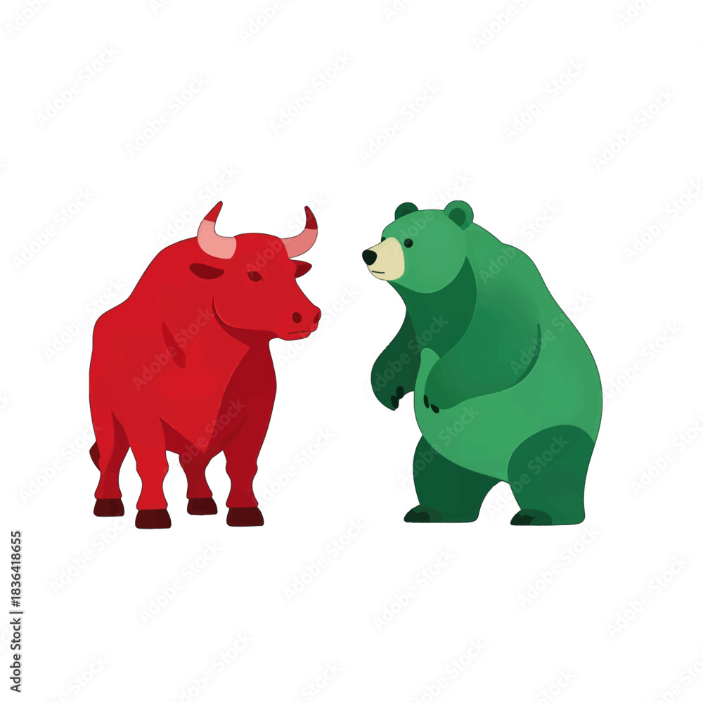 Fototapeta premium Bull and Bear Illustration in Flat Design Style