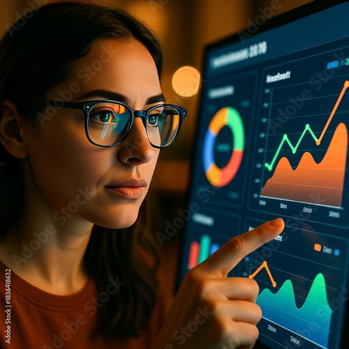 Young woman analyzing complex data dashboards pointing at fluctuating graphs displayed on a dark monitor
