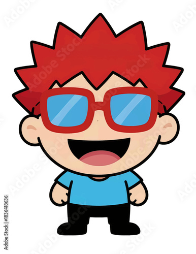 Cartoon Boy with Red Hair and Blue Glasses Smiling