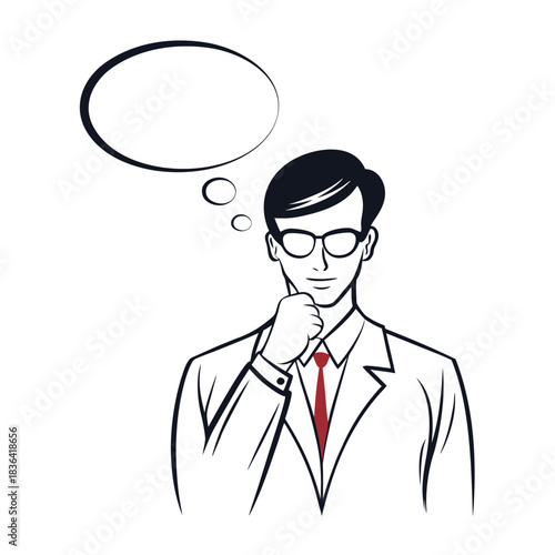 Pensive Caucasian businessman with glasses and a red tie contemplates an idea bubble