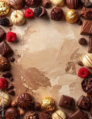 暖色ニュートラル背景と高級チョコレートフレームの広告用トップビジュアル 中央コピースペースあり プレミアムバレンタイン素材

トップビュー構図のトリュフとプラリネの上品なチョコレートボーダー背景 高解像度食品ビジュアル

マット質感ウォームトーン壁面とチョコレートの贅沢なフレーム構成 料理広告向けミニマルデザイン

キャラメルブラウンとマホガニー色のショコラ装飾背景 中央スペースでブランドロゴ演出