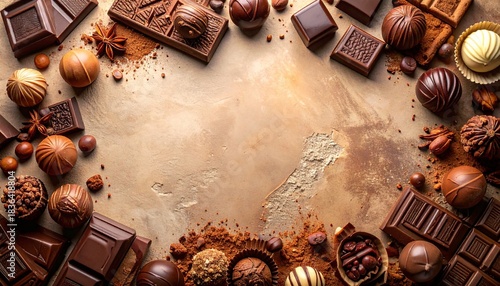 暖色ニュートラル背景と高級チョコレートフレームの広告用トップビジュアル 中央コピースペースあり プレミアムバレンタイン素材

トップビュー構図のトリュフとプラリネの上品なチョコレートボーダー背景 高解像度食品ビジュアル

マット質感ウォームトーン壁面とチョコレートの贅沢なフレーム構成 料理広告向けミニマルデザイン

キャラメルブラウンとマホガニー色のショコラ装飾背景 中央スペースでブランドロゴ演出