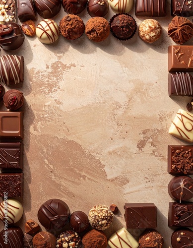 暖色ニュートラル背景と高級チョコレートフレームの広告用トップビジュアル 中央コピースペースあり プレミアムバレンタイン素材

トップビュー構図のトリュフとプラリネの上品なチョコレートボーダー背景 高解像度食品ビジュアル

マット質感ウォームトーン壁面とチョコレートの贅沢なフレーム構成 料理広告向けミニマルデザイン

キャラメルブラウンとマホガニー色のショコラ装飾背景 中央スペースでブランドロゴ演出