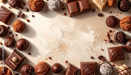 暖色ニュートラル背景と高級チョコレートフレームの広告用トップビジュアル 中央コピースペースあり プレミアムバレンタイン素材

トップビュー構図のトリュフとプラリネの上品なチョコレートボーダー背景 高解像度食品ビジュアル

マット質感ウォームトーン壁面とチョコレートの贅沢なフレーム構成 料理広告向けミニマルデザイン

キャラメルブラウンとマホガニー色のショコラ装飾背景 中央スペースでブランドロゴ演出