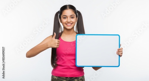 Happy Indian Girl Holds Blank Whiteboard, Thumbs Up