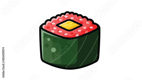Delicious Sushi Roll with Red Roe and Yellow Center Isolated on White Background.