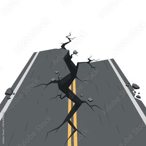A large, deep crack splits a paved road with a yellow dividing line, suggesting an earthquake or natural disaster.