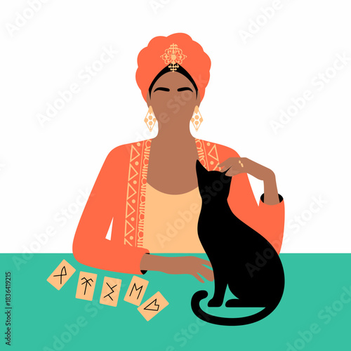 An elegant woman in traditional attire sits at a table with tarot cards and a black cat, symbolizing mystique, intuition, and the connection between human emotions and spirituality.