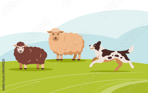 A charming illustration of two sheep and a playful dog frolicking in a green field, capturing the essence of pastoral life and the harmony between animals and nature.