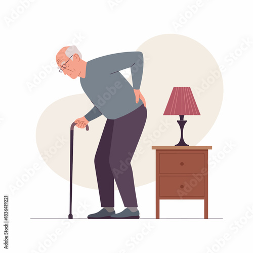 An elderly man with gray hair is bent over with discomfort while using a cane, indicating the struggles of aging and the challenges of daily life as he navigates his surroundings.