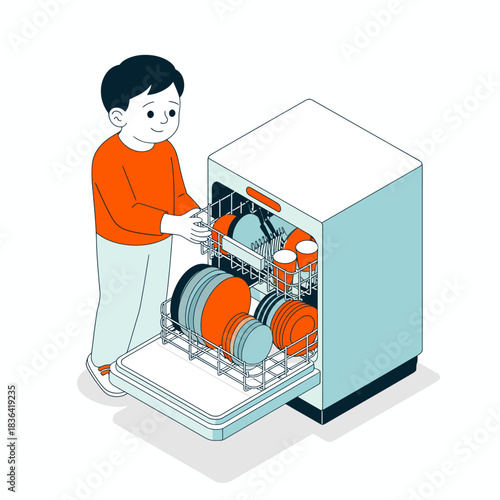This image captures a cheerful child unloading clean dishes from a dishwasher, emphasizing the ease of home chores and promoting family involvement in household activities.