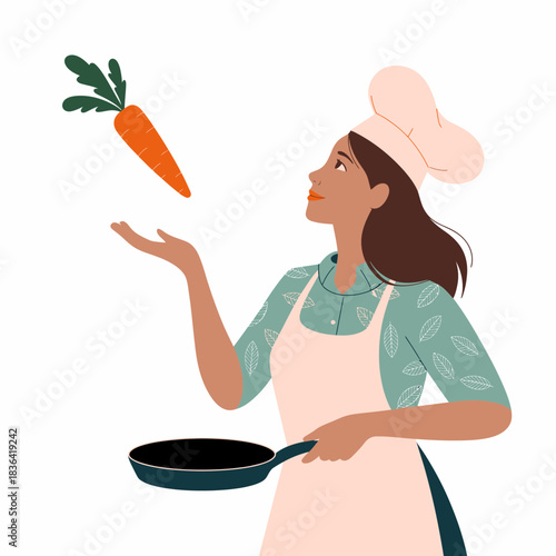 A chef joyfully tosses a carrot while cooking, demonstrating skill and passion for culinary arts, emphasizing creativity and flair in food preparation.