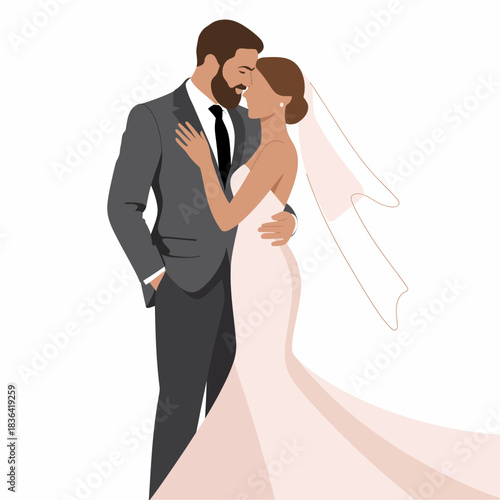 A romantic representation of a couple in love, dressed elegantly for their wedding day, showcasing affection with a stunning backdrop of unity and joy.