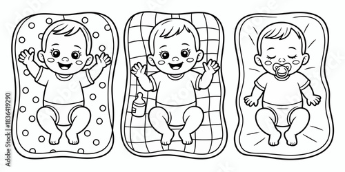 This charming illustration shows three babies lying on cozy blankets, expressing joy and warmth, ideal for baby products, nursery designs, or family-oriented themes.