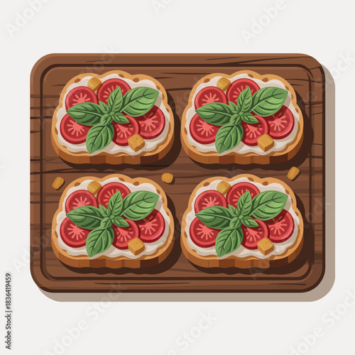 This artistic depiction illustrates a wooden tray filled with vibrant bruschetta topped with tomatoes and fresh basil, representing the essence of fresh, nutritious ingredients.