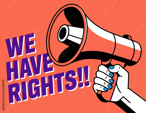 A powerful megaphone is held in a strong fist, conveying the urgency and importance of expressing and defending rights in a bold and vibrant visual representation.