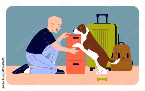 In this cheerful illustration, a man kneels beside a playful dog, packing for a trip, showcasing the excitement of travel and companionship in a vibrant setting.