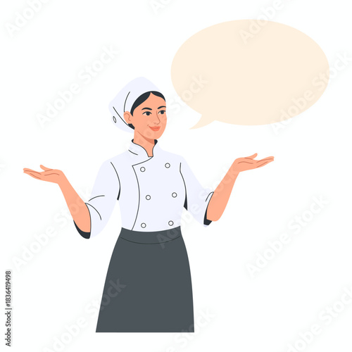 A professional female chef is shown enthusiastically explaining a culinary concept with an empty speech bubble, inviting engagement or conversation about cooking.