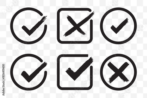 Vector Illustration, Check tick mark icon set. Cross box x check mark checkbox v list vector draw hand drawn sketch doodle brush marker checklist symbol wrong right circle