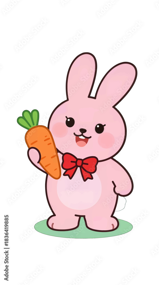 Obraz premium Cute Pink Bunny Holding Carrot Illustration
