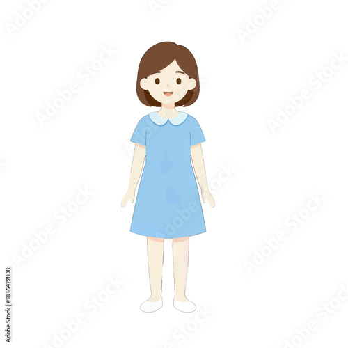 Cute Girl in Blue Dress Cartoon Illustration