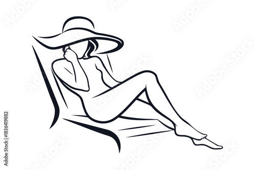 Outlined lady relaxing on a chair with large hat in summer vacation