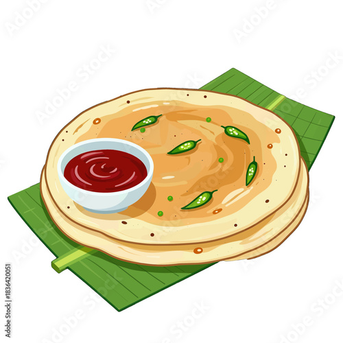 Delicious Dosa with Chutney on Banana Leaf Illustration