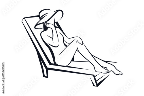 Line art of a woman with a hat resting comfortably on a beach chair