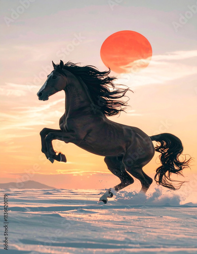 Horses galloping along the coast in the beautiful morning sun　朝日が美しい海岸を疾走する馬