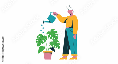 Woman Watering Her Indoor Plants in a Peaceful Morning