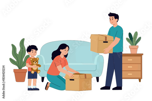 Family Moving House Vector Illustration