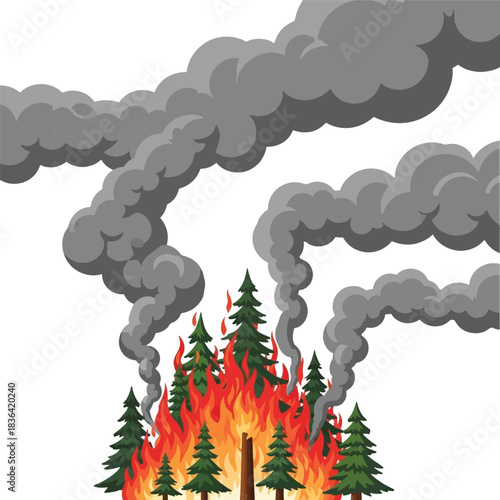 A forest fire rages with tall flames engulfing evergreen trees, producing thick plumes of dark gray smoke that billow into the sky.