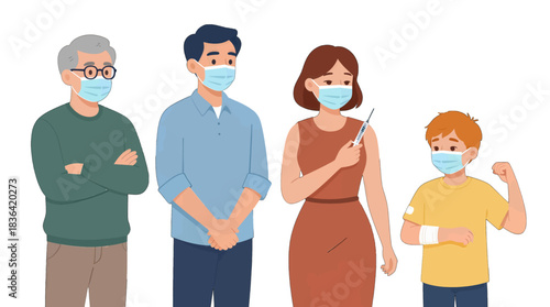 Family Wearing Masks Holding Vaccine Syringe Cartoon Illustration